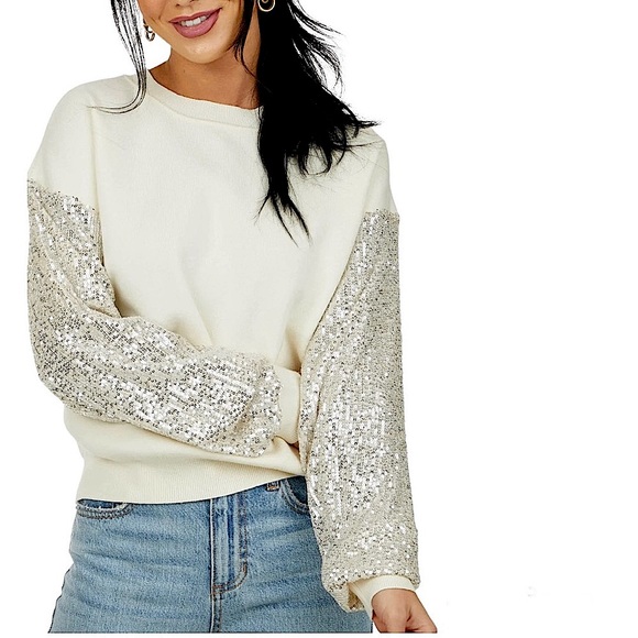 LUSH Sequin Sleeve Sweater Silver Cream Coquette Comfy Cozy Winter Sparkly Small - Picture 15 of 15